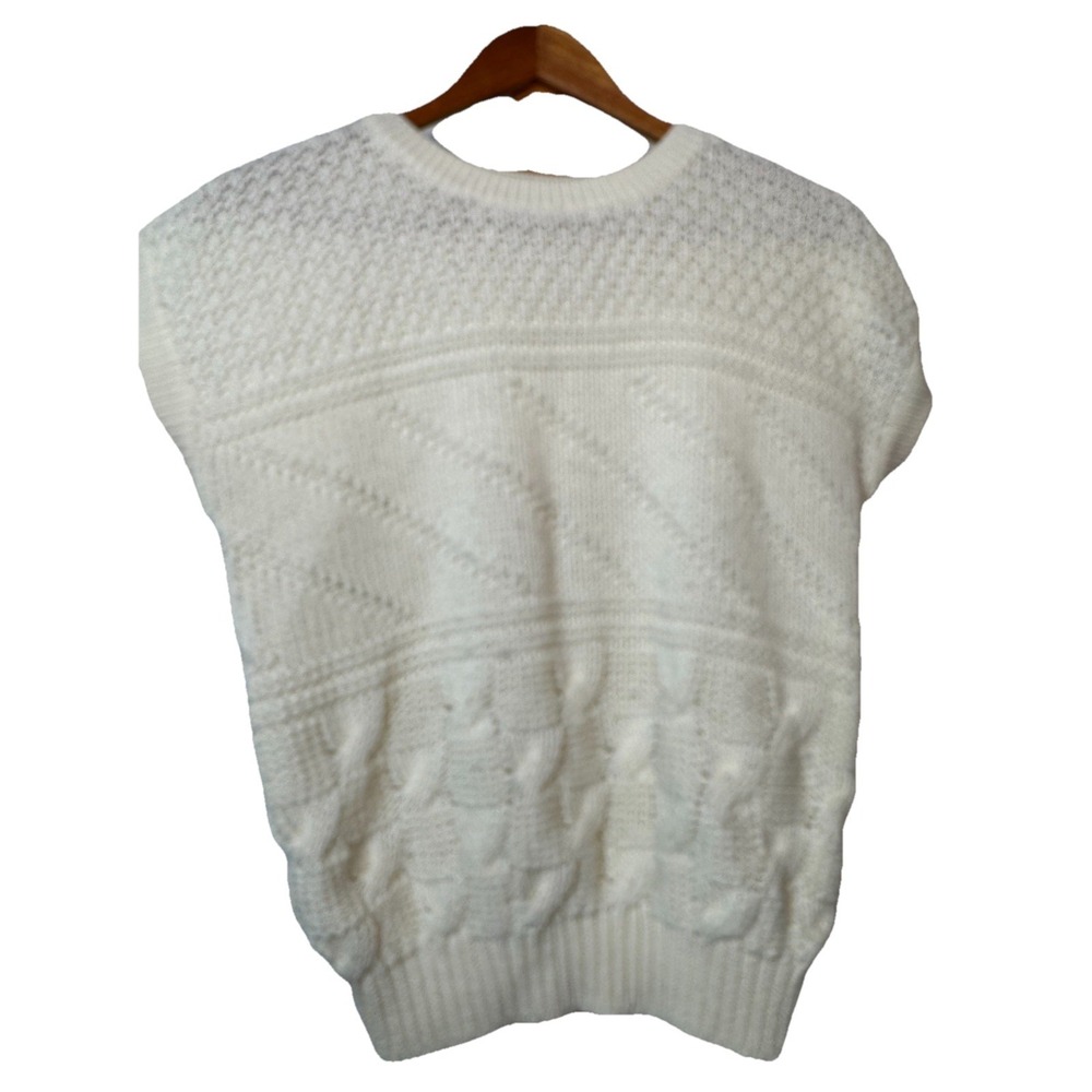 Vintage 80s Knit Acrylic Sweater Vest Size Small Ivory Granny Cottage Nerd True